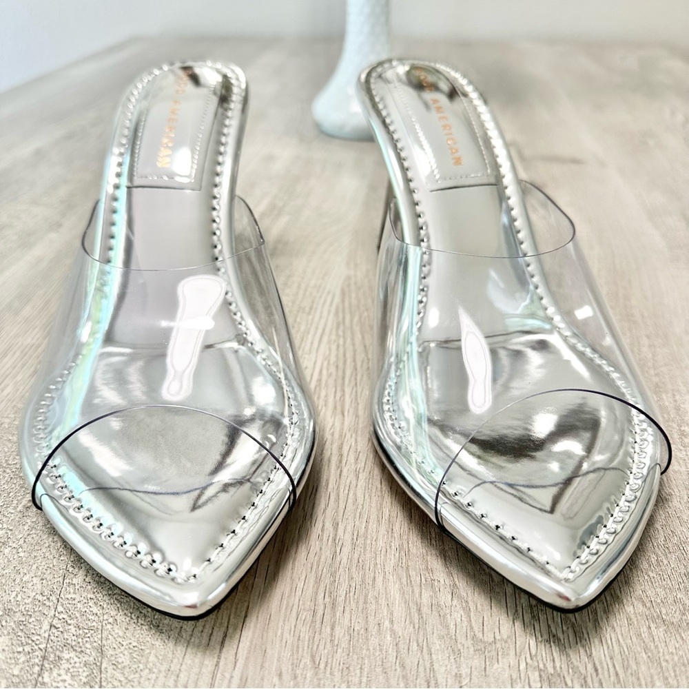 Good American size 9 1/2 silver mirror heels with clear strap